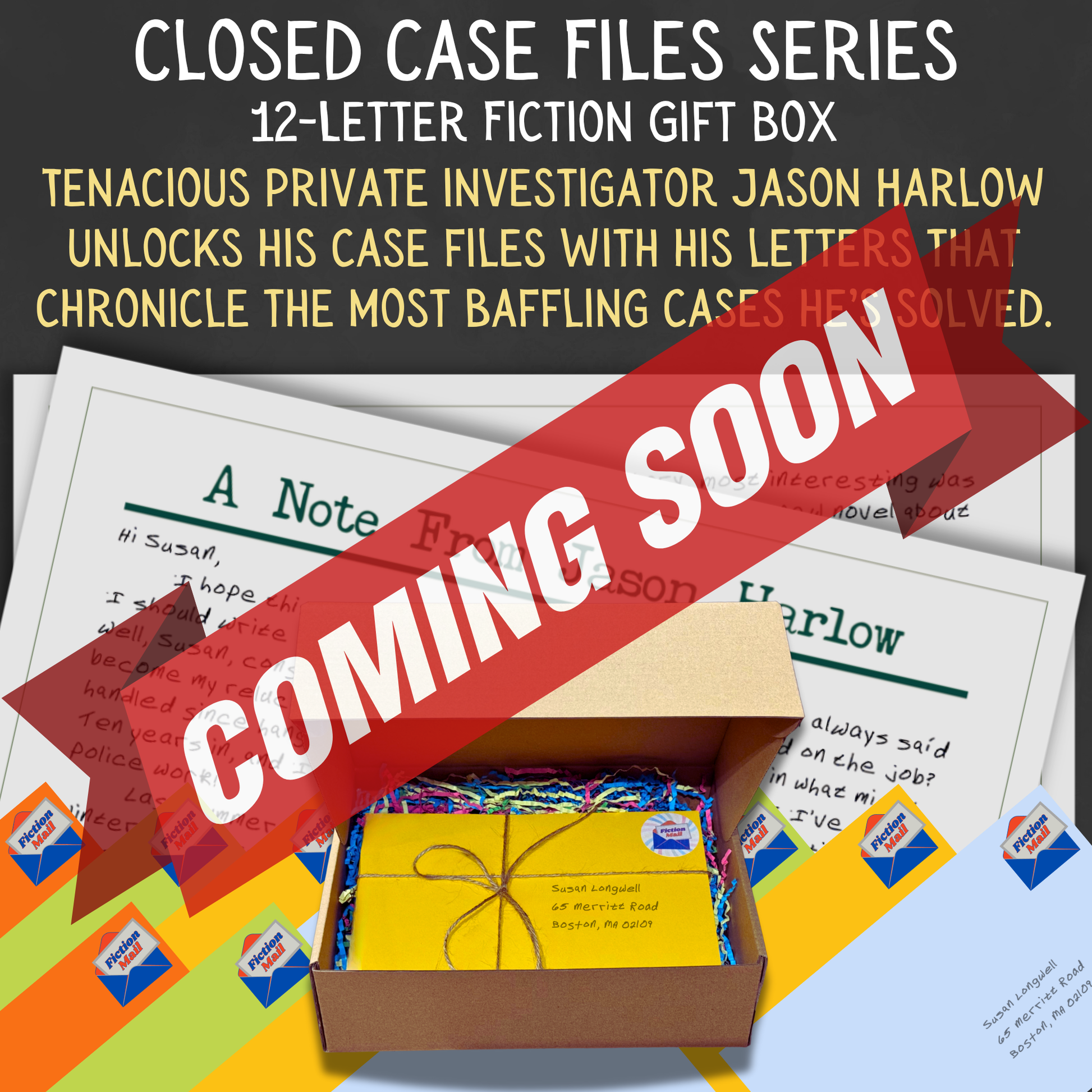 Detective fiction gift box with 12 personalized letters tied with twine in colorful envelopes