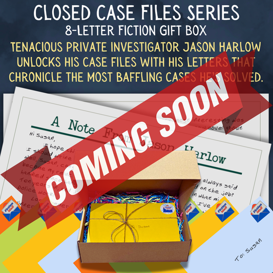 Closed Case Files detective fiction gift box with 8 personalized letters tied with twine in colorful envelopes