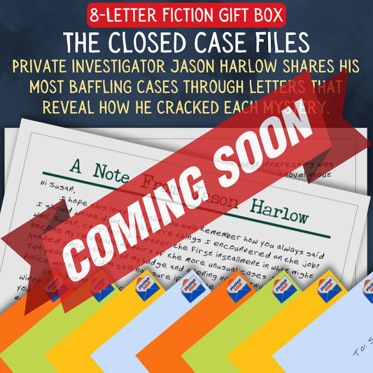 Detective fiction gift box with 8 personalized letters tied with twine in colorful envelopes