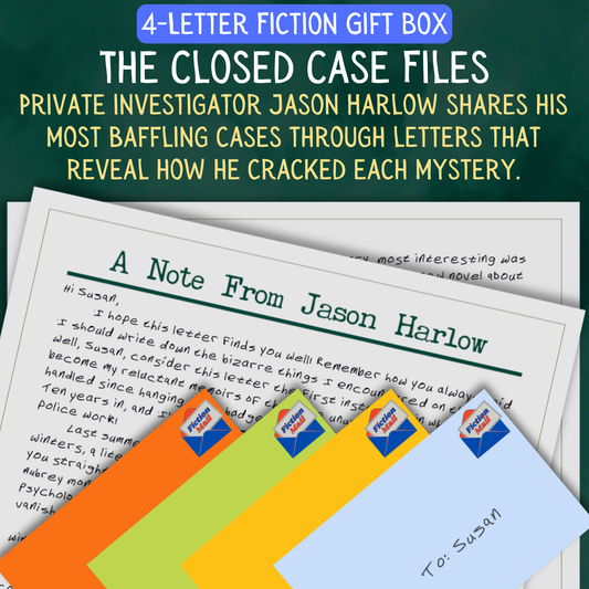 Closed Case Files fiction gift box with 4 personalized letters tied with twine in colorful envelopes