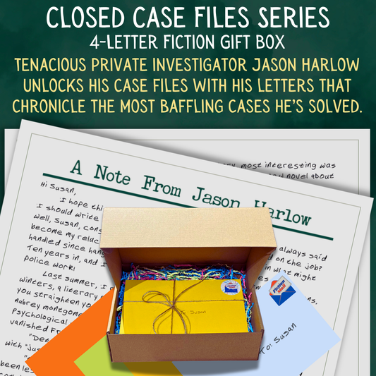 Closed Case Files detective fiction gift box with 4 personalized letters tied with twine in colorful envelopes