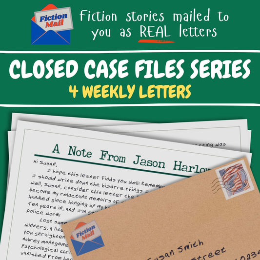 Promotional graphic for a 'Closed Case Files Series' by Fiction Mail, showing a stack of printed letters and envelopes on a green background with white text reading '4 Weekly Letters'.