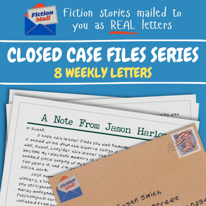 Promotional graphic for a Fiction Mail closed case file series of fiction letters, showing a blue header with white and yellow text, a stack of white letters, and a brown envelope with a Fiction Mail stamp.