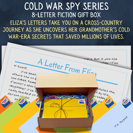 Cold War Spy historical fiction gift box with 8 personalized letters tied with twine in colorful envelopes