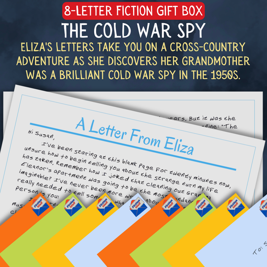 Cold War Spy fiction gift box with 8 personalized letters tied with twine in colorful envelopes
