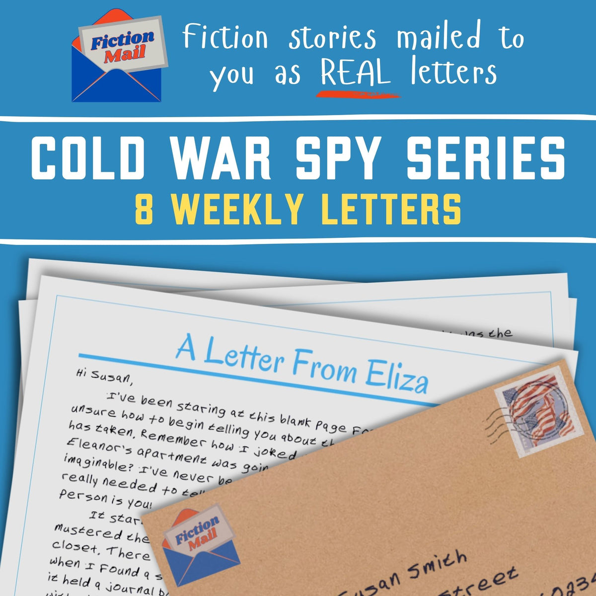 Promotional graphic for a cold war spy series letter set from Fiction Mall, showing several printed letters and an envelope on a bright blue background with large text reading 'COLD WAR SPY SERIES 8 WEEKLY LETTERS'.