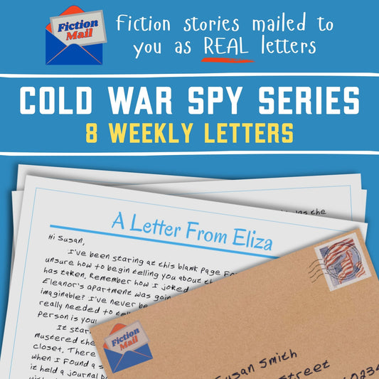 Promotional graphic for a cold war spy series letter set from Fiction Mall, showing several printed letters and an envelope on a bright blue background with large text reading 'COLD WAR SPY SERIES 8 WEEKLY LETTERS'.