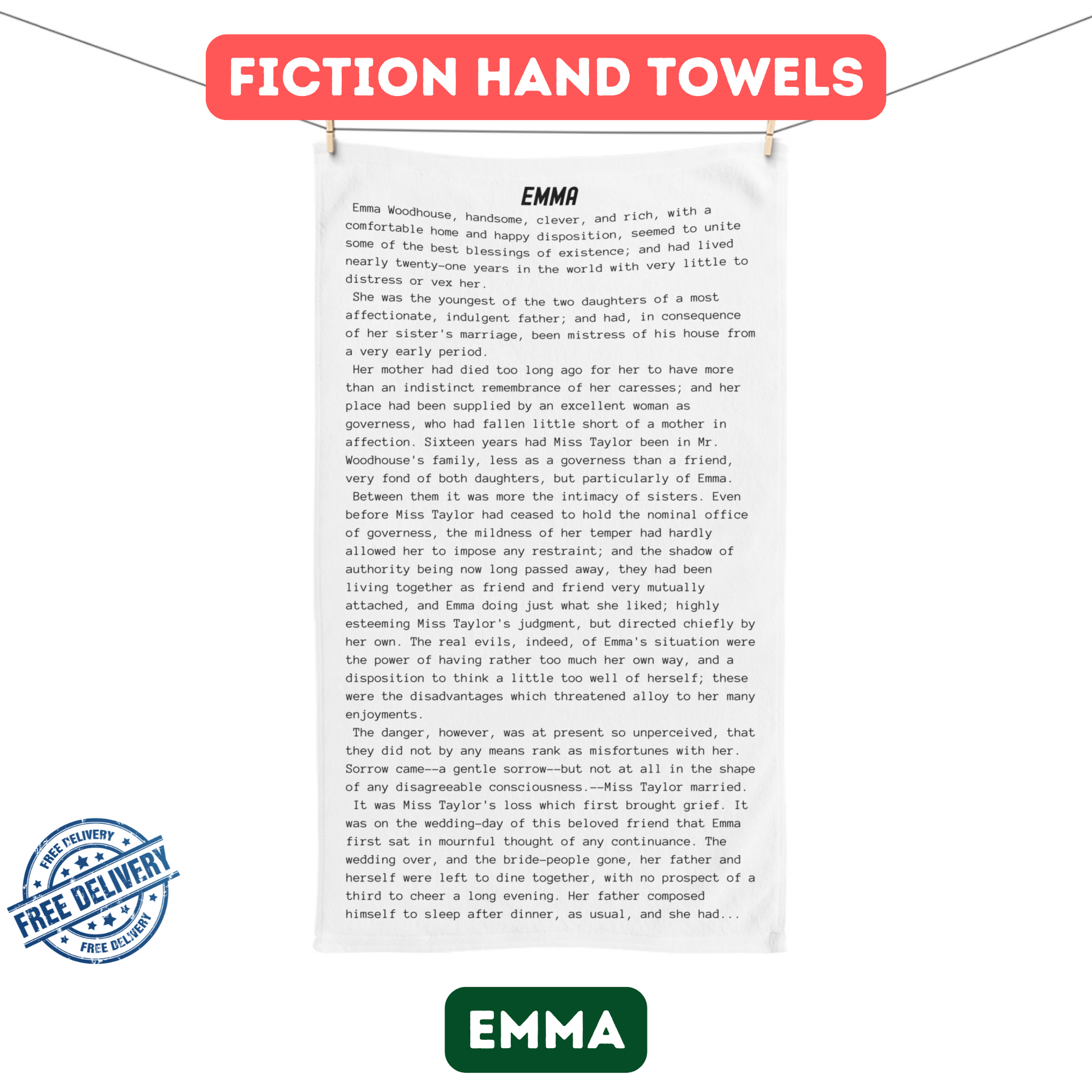 Fiction Towels | Emma Hand Towel | Classic Opening Passage | Book Lover Gift