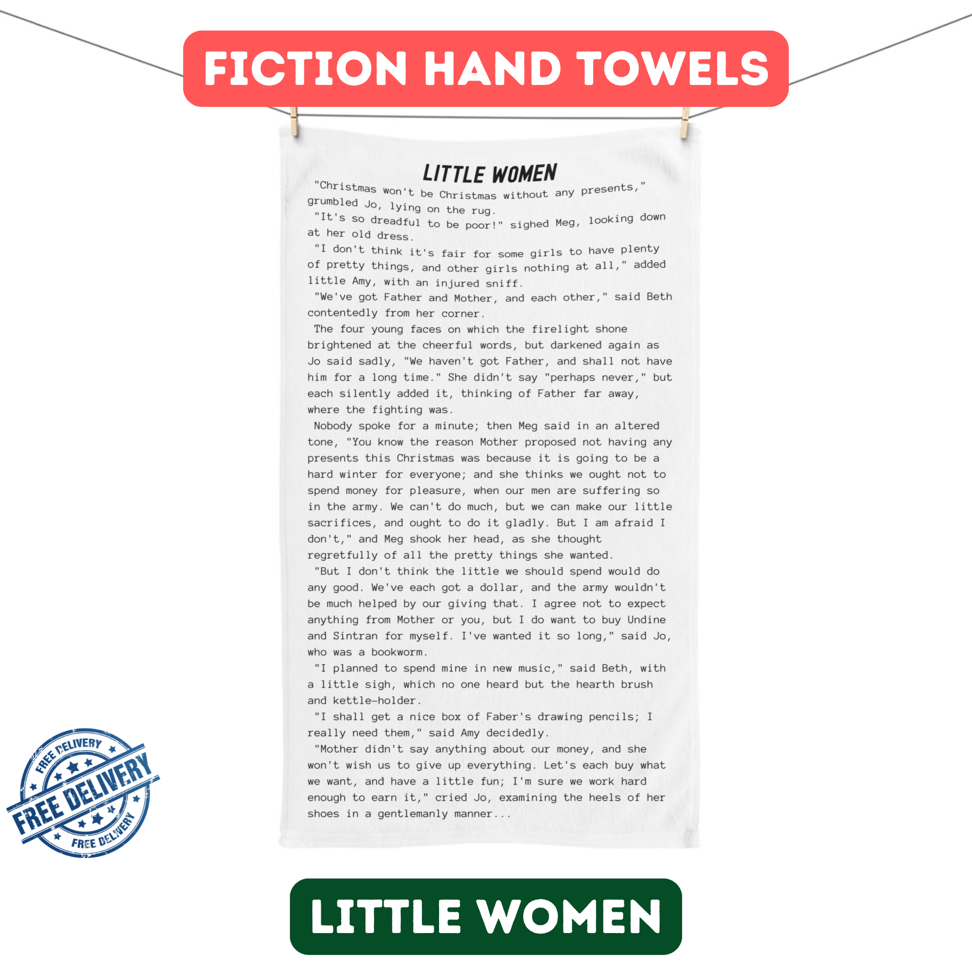 Fiction Towels | Little Women Hand Towel | Classic Opening Passage | Book Lover Gift