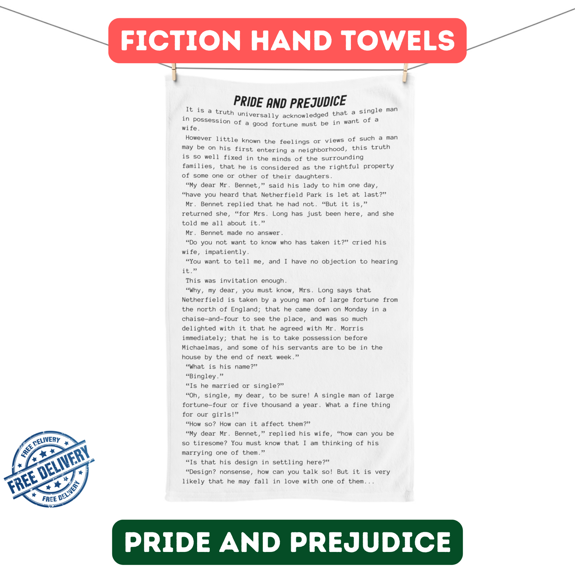 Fiction Towels | Pride and Prejudice Hand Towel | Classic Opening Passage | Book Lover Gift