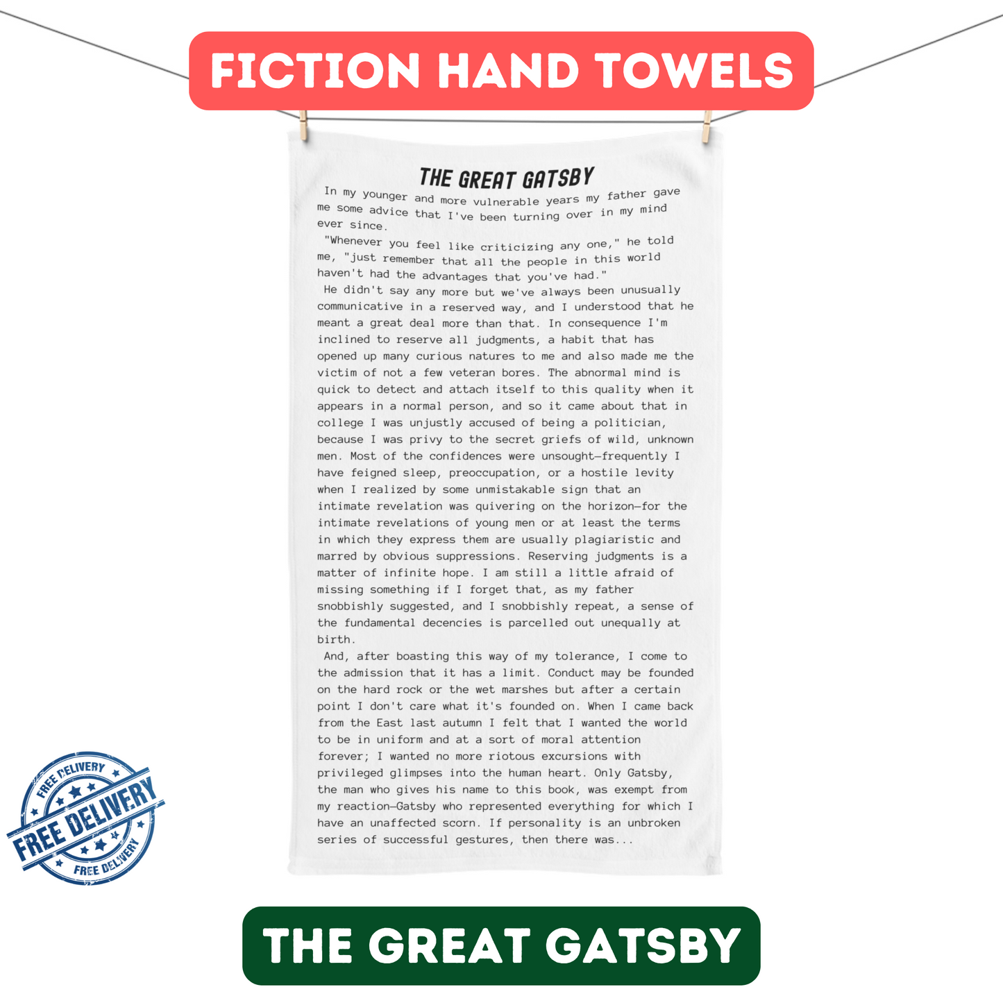 Fiction Towels | The Great Gatsby Hand Towel | Classic Opening Passage | Book Lover Gift