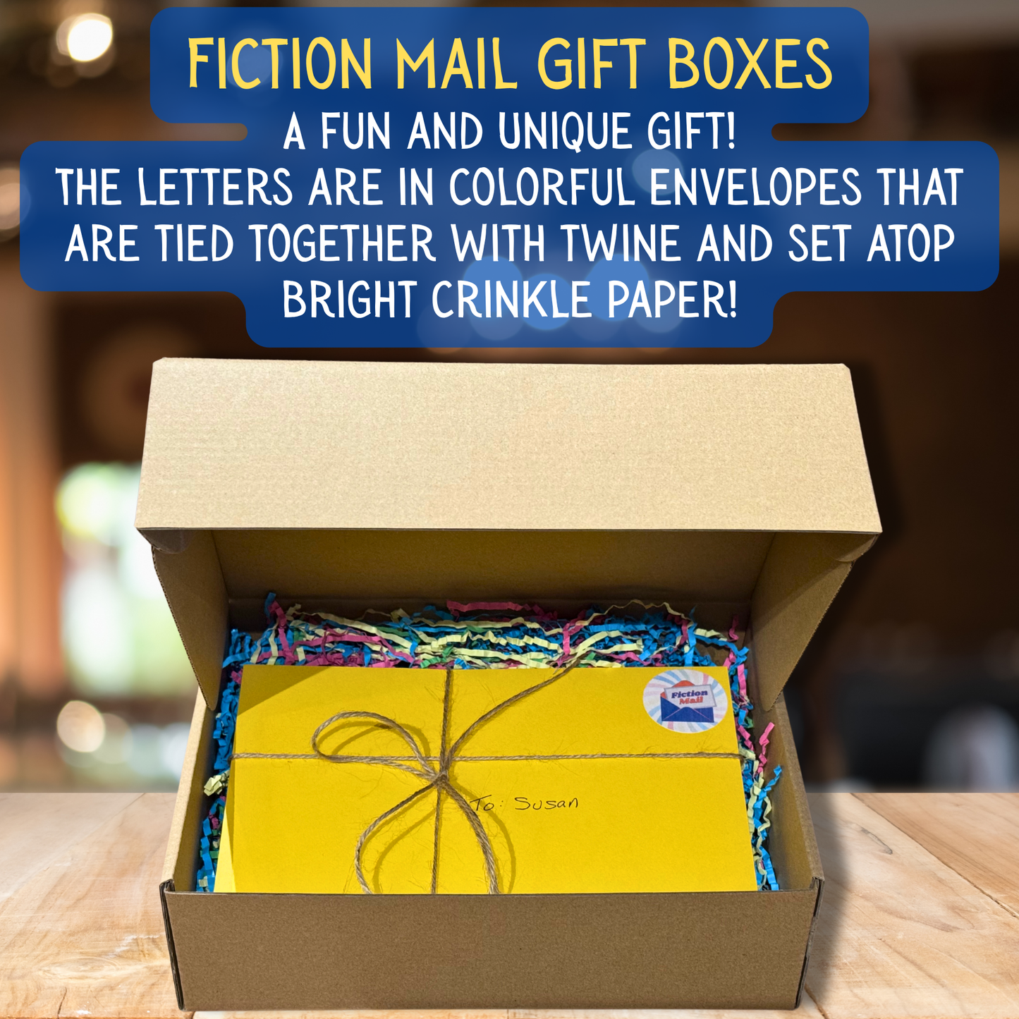 Fiction Mail fiction gift box with personalized letters in colorful envelopes tied with twine.
