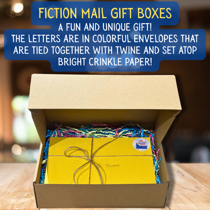 Fiction Mail fiction gift box with personalized letters in colorful envelopes tied with twine.