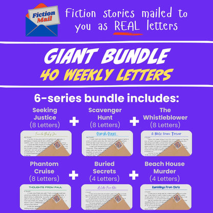 Promotional graphic for a 'Giant Bundle' of 40 weekly letters from Fiction Mall, featuring six mystery series on a purple background with white and yellow text.