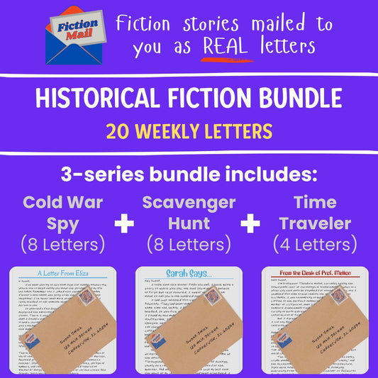 Promotional graphic for a 'Historical Fiction Bundle' by Fiction Mall, featuring three fiction letter series: Cold War Spy (8 letters), Scavenger Hunt (8 letters), and Time Traveler (4 letters), totaling 20 weekly letters.