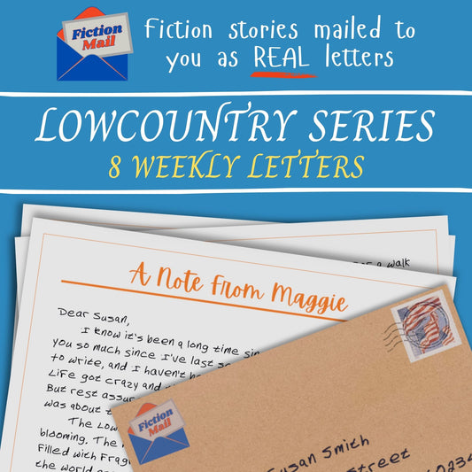 Promotional graphic for a Fiction Mail lowcountry series of romance fiction letters, showing several mock letters and envelopes on a blue background with the text 'Fiction stories mailed to you as REAL letters' and 'LOWCOUNTRY SERIES 8 WEEKLY LETTERS'.
