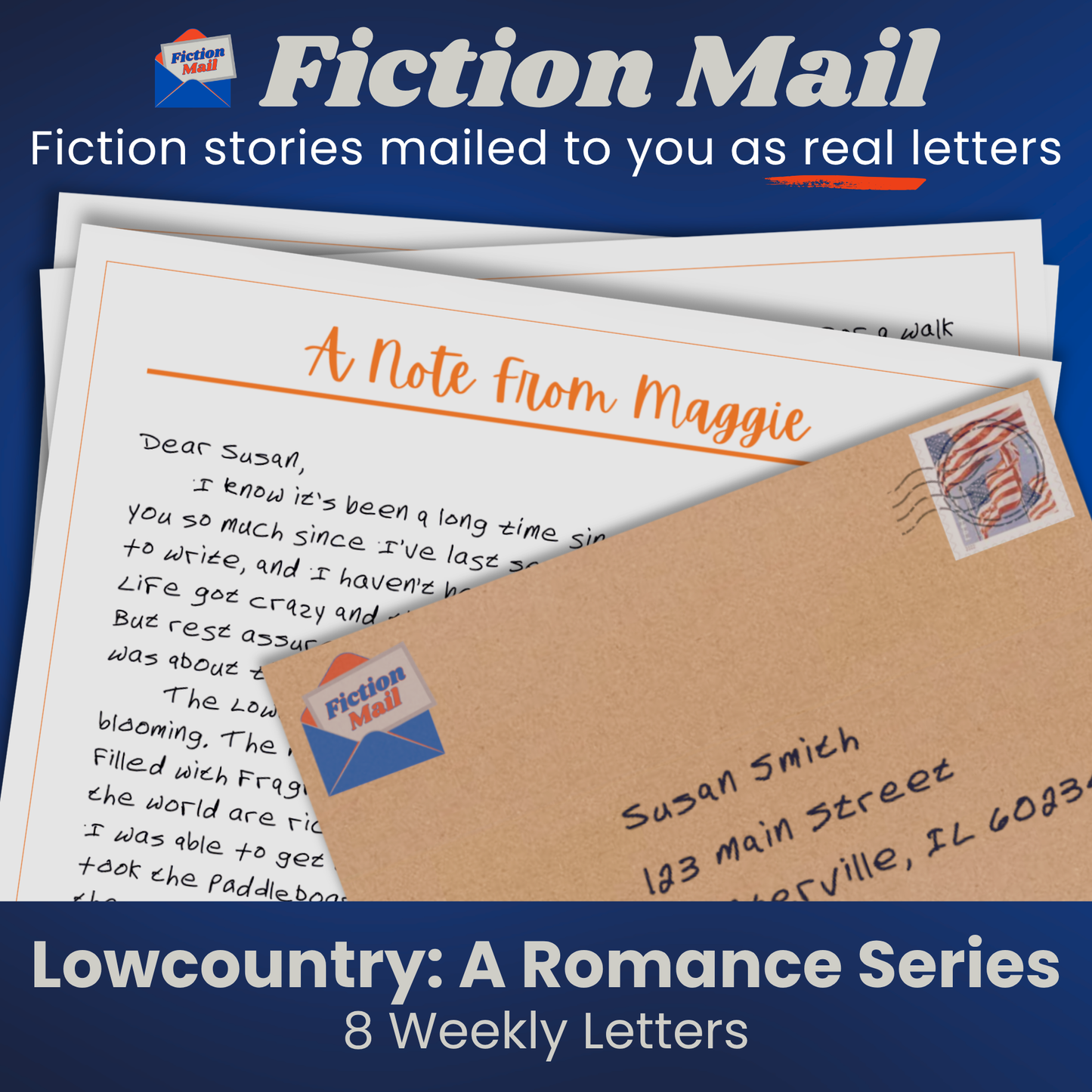 Image of a letter and envelope in our custom handwriting font from the Lowcountry romance series of Fiction Mail stories as letters.
