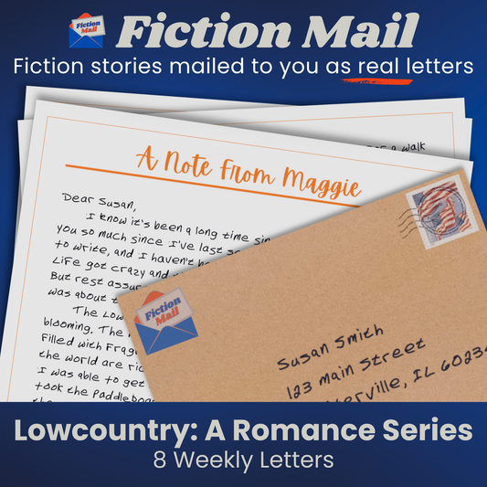Image of a letter and envelope in our custom handwriting font from the Lowcountry romance series of Fiction Mail stories as letters.