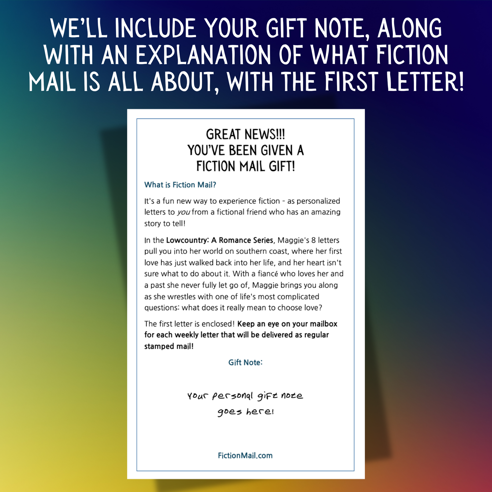 Sample gift note for a Fiction Mail series