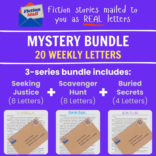 Promotional graphic for a Fiction Mall Mystery Bundle containing 20 weekly letters across three series: Seeking Justice, Scavenger Hunt, and Buried Secrets. The design features a purple background with white and yellow text, a Fiction Mall logo, and three sample letters with envelopes at the bottom.