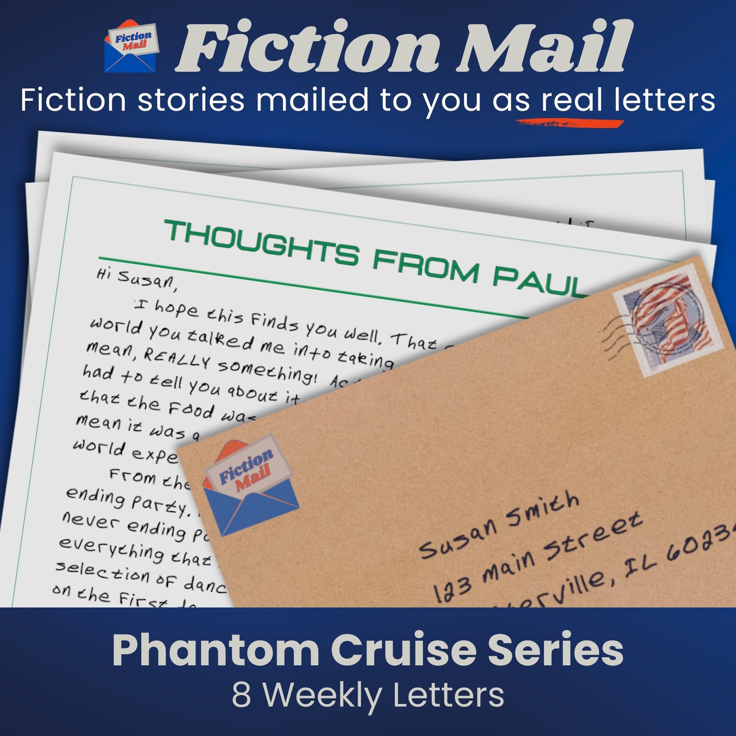 Image of a letter and envelope in our custom handwriting font from the Phantom Cruise series of Fiction Mail stories as letters.