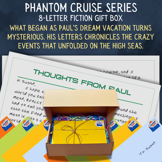 Phantom Cruise paranormal fiction gift box with 8 personalized letters tied with twine in colorful envelopes