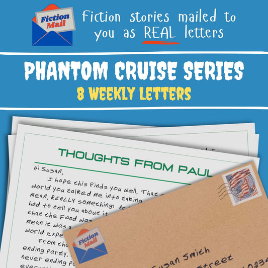 Promotional image of the Fiction Mail fiction letter series "The Phantom Cruise" with an image of a hand printed letter and Kraft envelope.