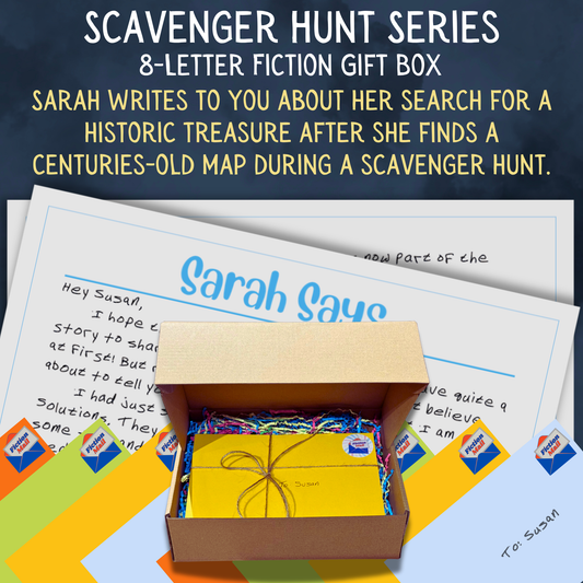 Scavenger Hunt adventure fiction gift box with 8 personalized letters tied with twine in colorful envelopes