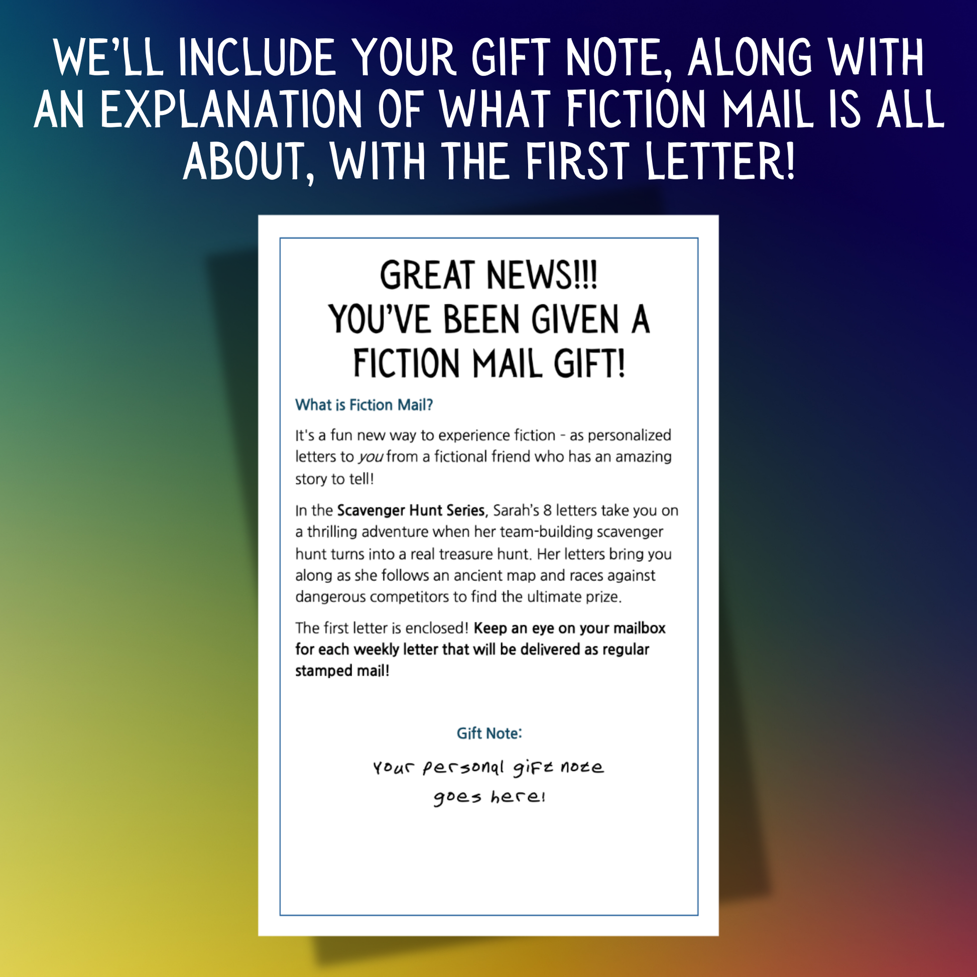 Example of a Gift Note for Fiction Mail Scavenger Hunt Series of Stories as Letters