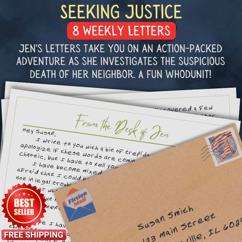 Personalized Seeking Justice letter from Jen with realistic handwriting next to addressed envelope