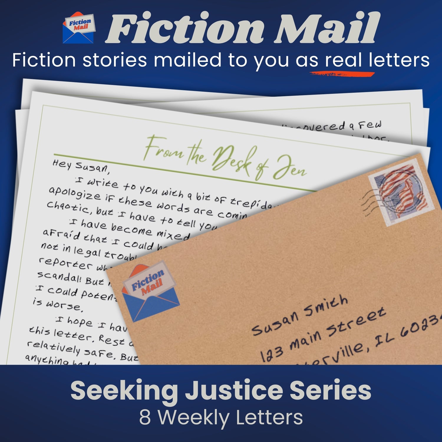 Image of a letter and envelope in our custom handwriting font from the Seeking Justice series of Fiction Mail stories as letters.