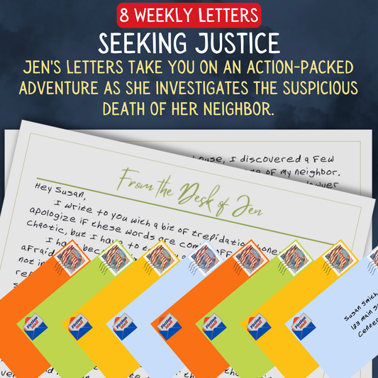 Promotional Graphic for Fiction Mail Seeking Justice Series of Stories as Letters