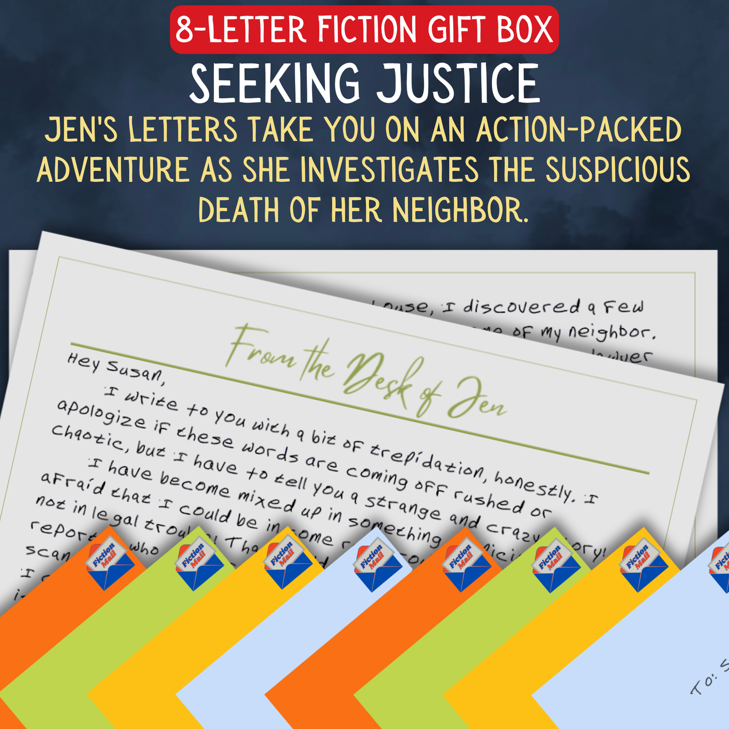 Seeking Justice fiction gift box with 8 personalized letters tied with twine in colorful envelopes