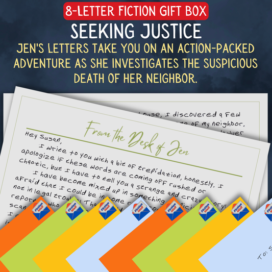 Seeking Justice fiction gift box with 8 personalized letters tied with twine in colorful envelopes