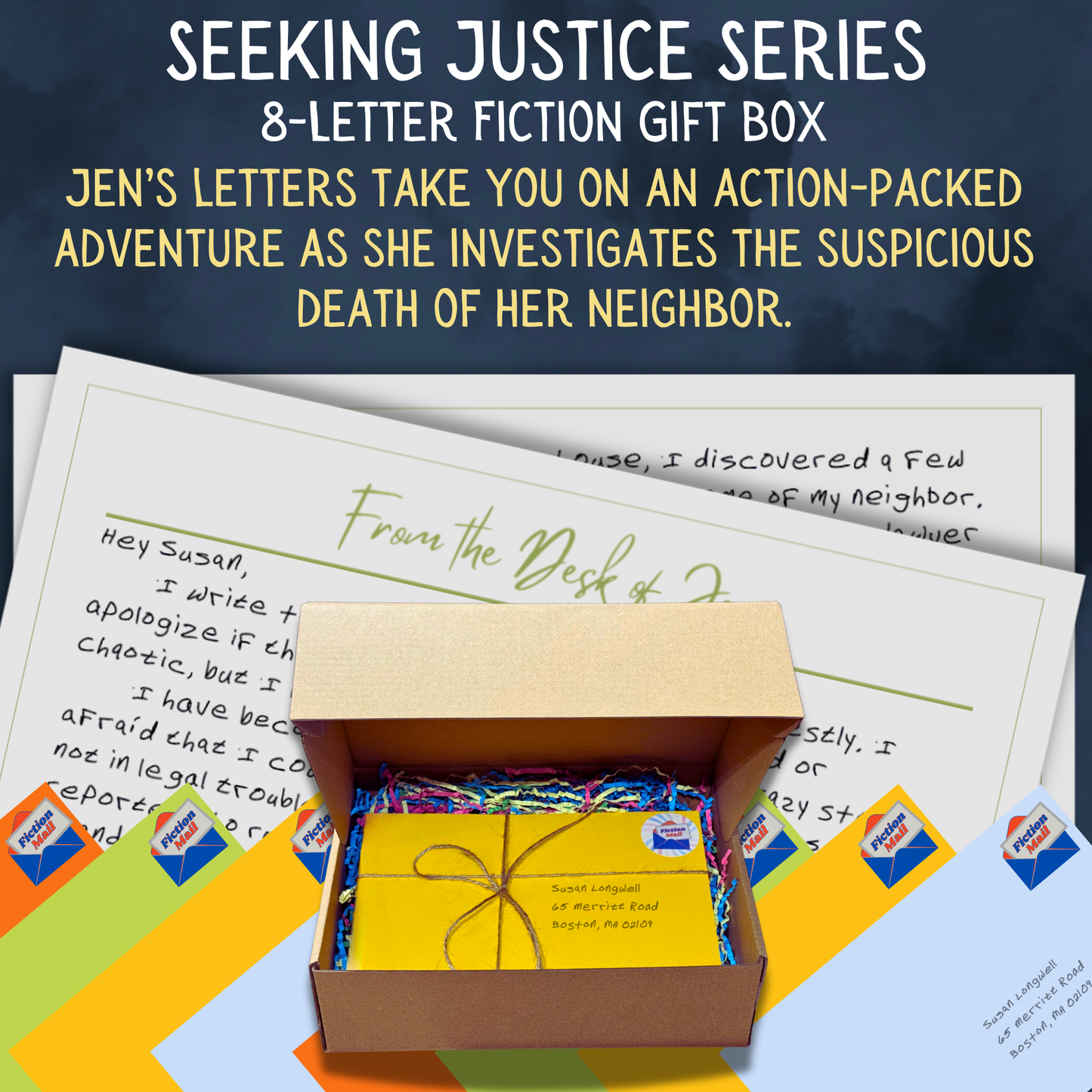 Seeking Justice fiction gift box with 8 personalized letters tied with twine in colorful envelopes