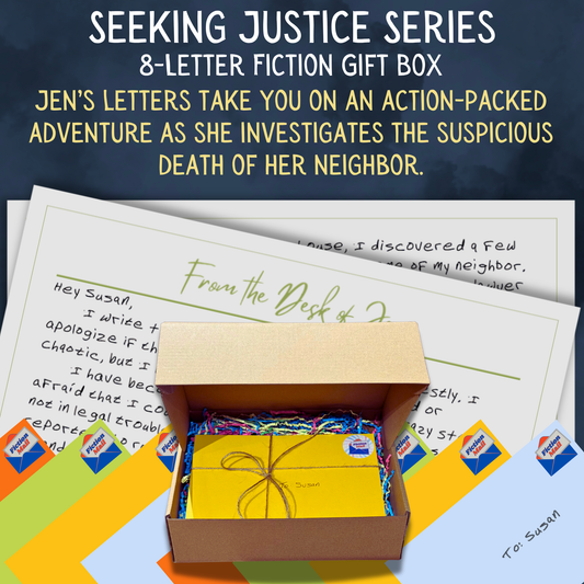 Seeking Justice whodunit fiction gift box with 8 personalized letters tied with twine in colorful envelopes