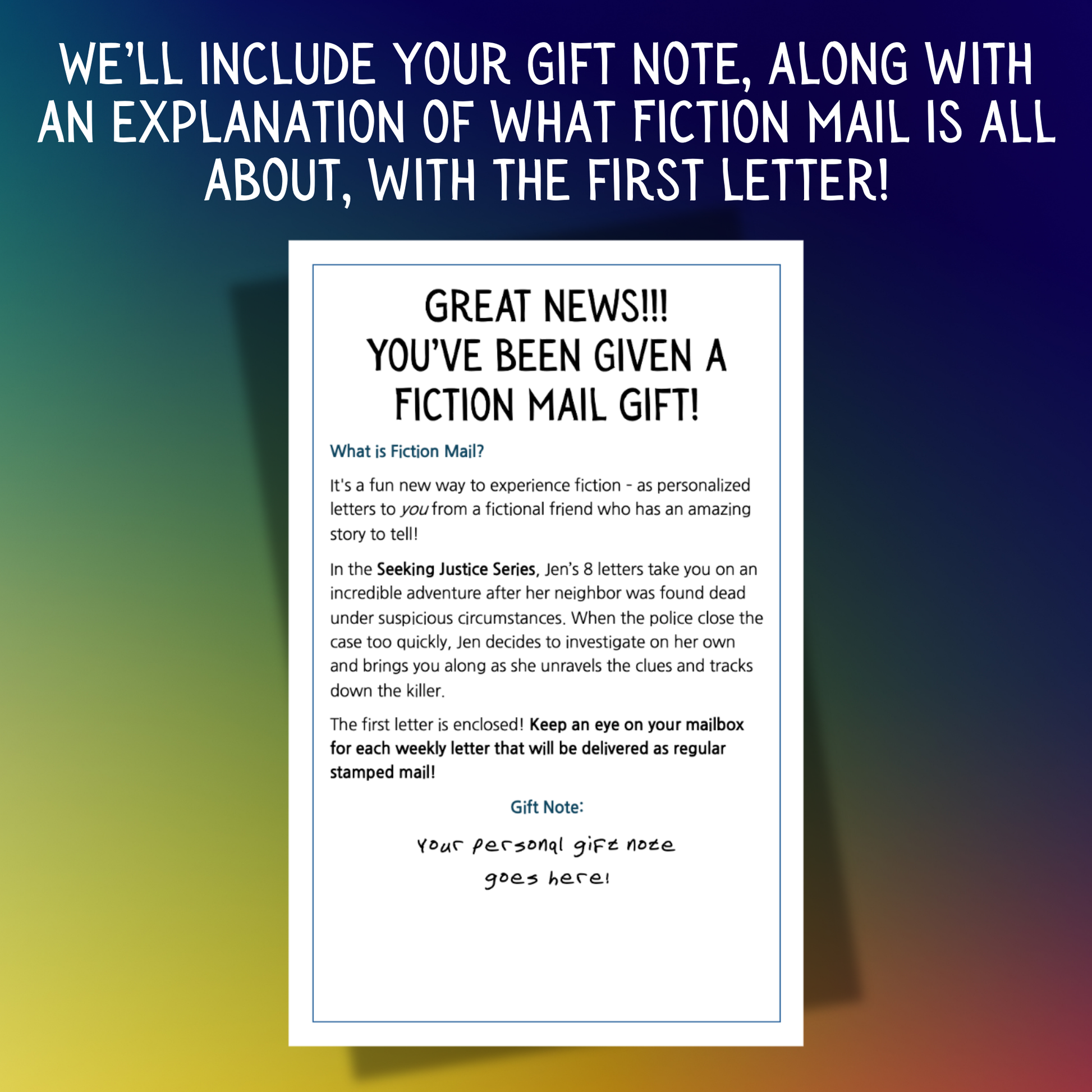Example of a Gift Note for Fiction Mail Seeking Justice Series of Stories as Letters
