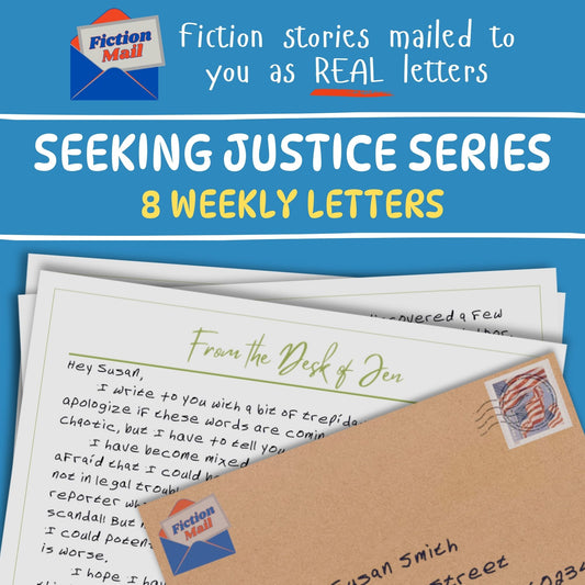 Promotional graphic for a fiction letter series, showing a blue header with the text 'Fiction stories mailed to you as REAL letters' and 'SEEKING JUSTICE SERIES 8 WEEKLY LETTERS,' plus sample handwritten letters and envelopes.
