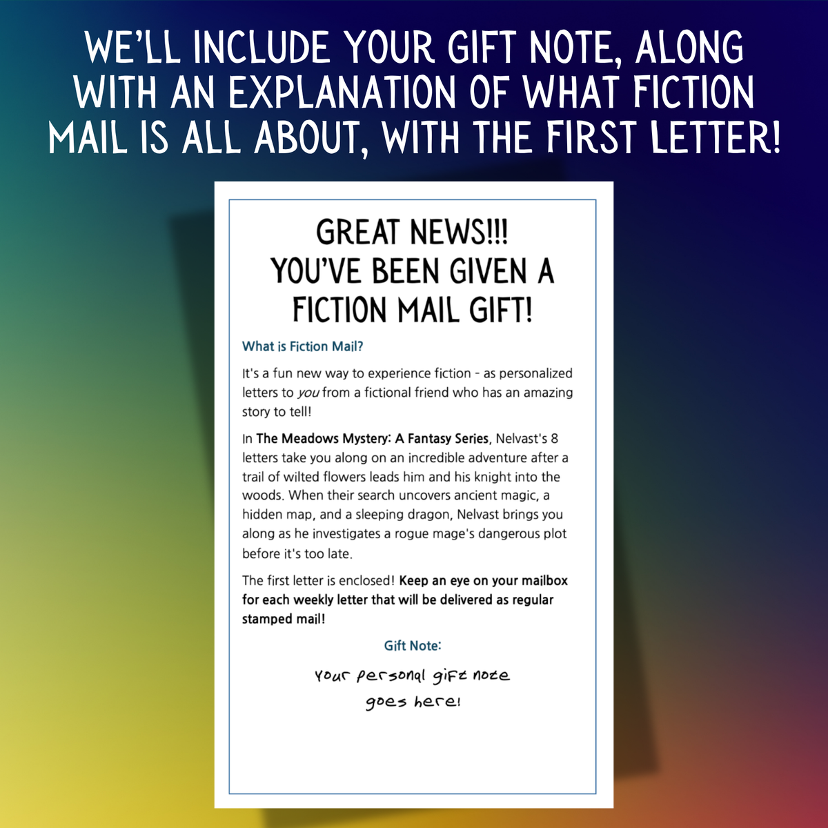 Gift Note sample for The Meadows Mystery series of fantasy fiction letters.