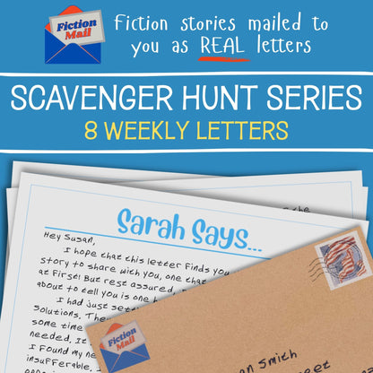 Promotional graphic for a 'Fiction Mill' Scavenger Hunt Series of fiction letters, showing a stack of letters and an envelope with a postmark, under the text 'Fiction stories mailed to you as REAL letters' and 'SCAVENGER HUNT SERIES 8 WEEKLY LETTERS'.