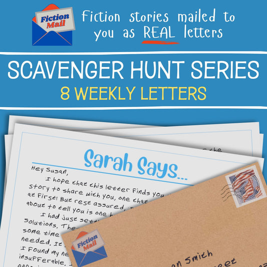 Promotional graphic for a 'Fiction Mill' Scavenger Hunt Series of fiction letters, showing a stack of letters and an envelope with a postmark, under the text 'Fiction stories mailed to you as REAL letters' and 'SCAVENGER HUNT SERIES 8 WEEKLY LETTERS'.