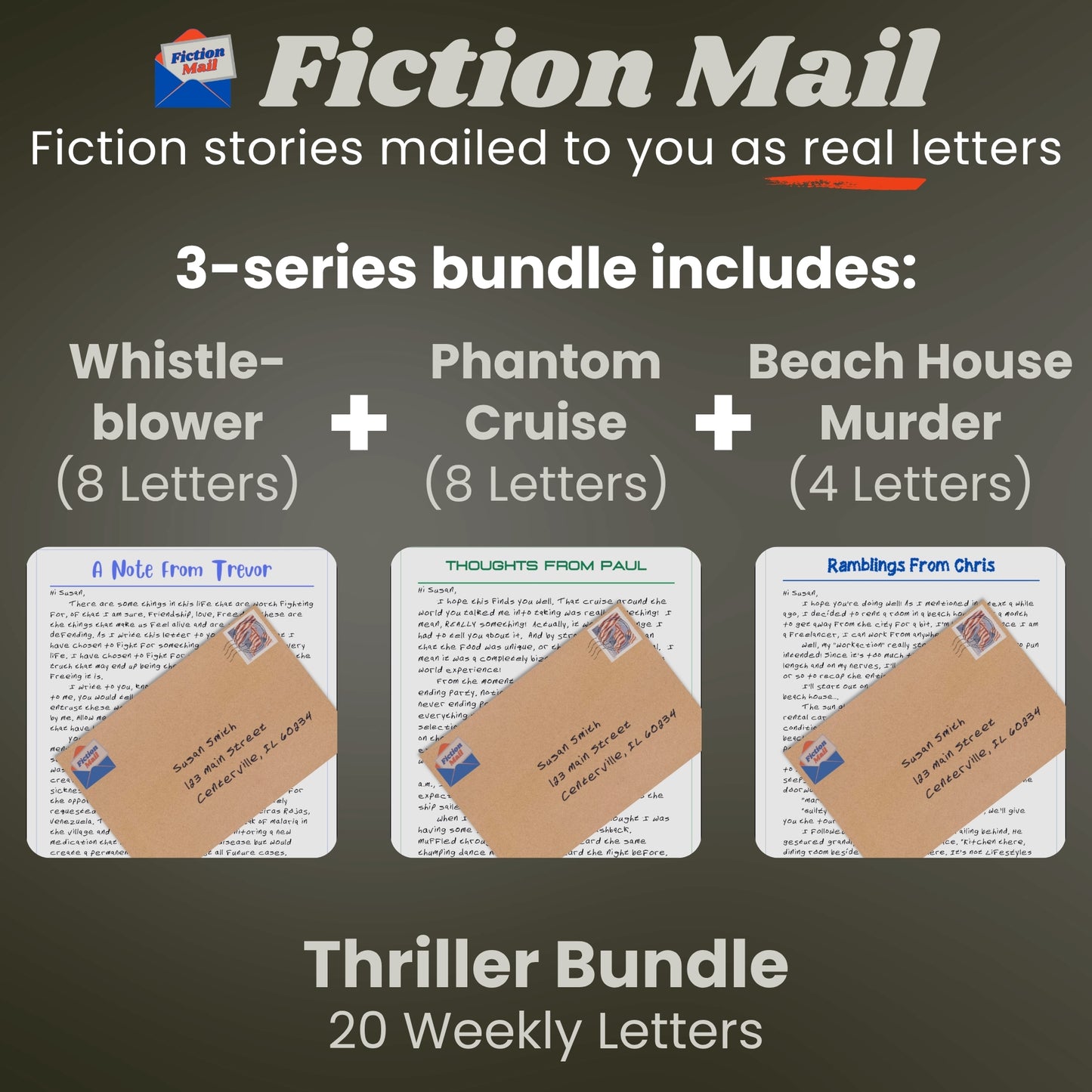 Image of letters and envelopes in our custom handwriting font from the Thriller Bundle of Fiction Mail stories as letters.