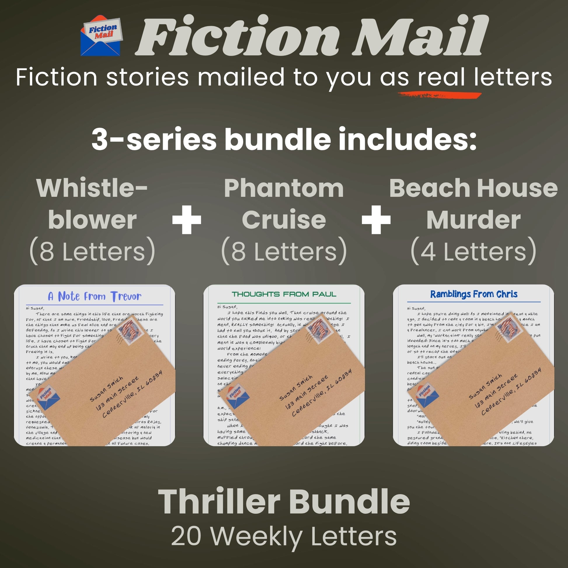 Image of letters and envelopes in our custom handwriting font from the Thriller Bundle of Fiction Mail stories as letters.