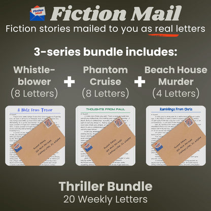 Image of letters and envelopes in our custom handwriting font from the Thriller Bundle of Fiction Mail stories as letters.
