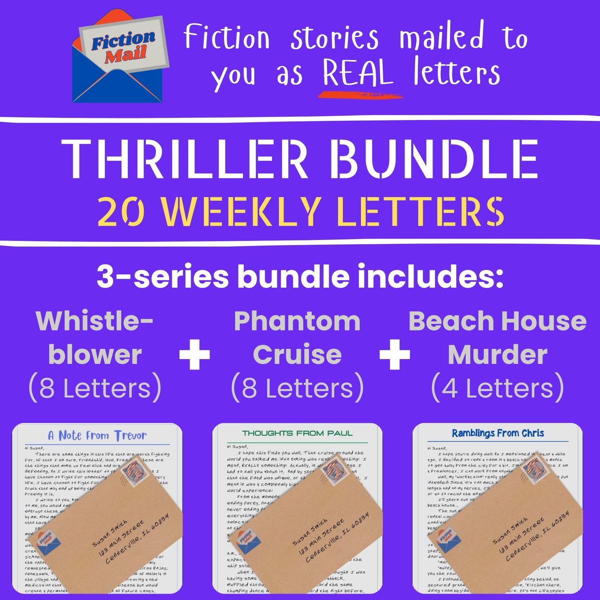 Promotional graphic for a Thriller Bundle of 20 weekly letters from Fiction Mall, featuring three mystery series: Whistleblower, Phantom Cruise, and Beach House Murder, with sample letters and envelopes on a purple background.
