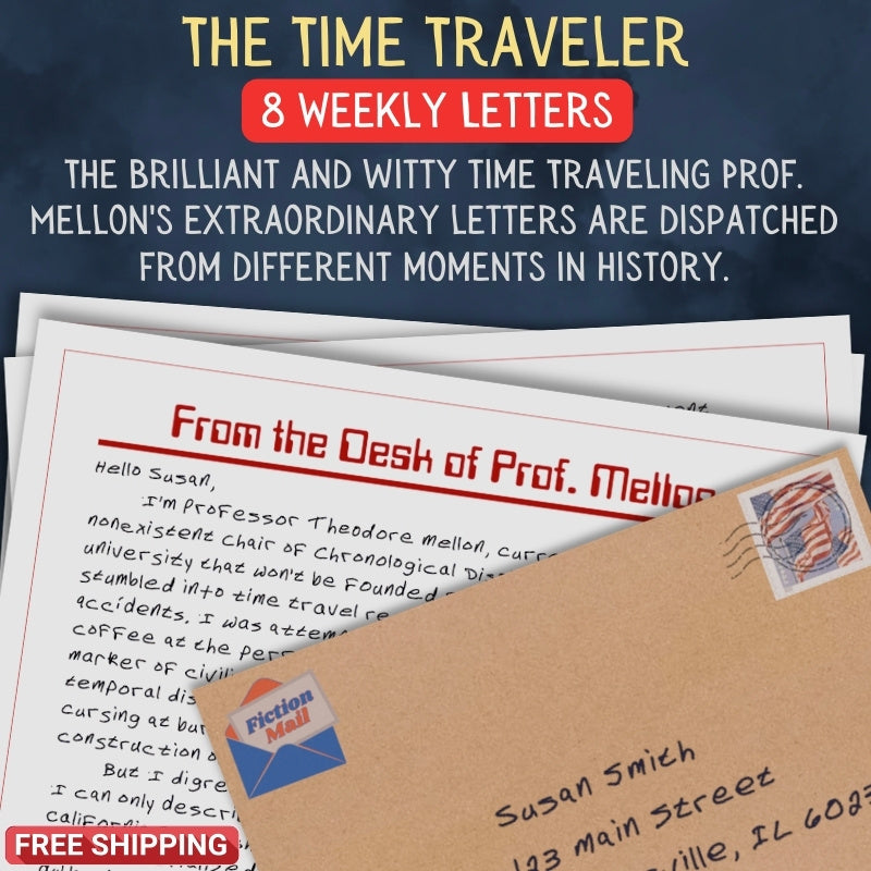 Personalized Time Traveler letter from Prof. Mellon with realistic handwriting next to addressed envelope