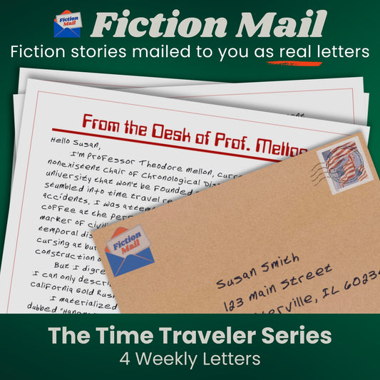 Image of a letter and envelope in our custom handwriting font from the Time Traveler series of Fiction Mail stories as letters.