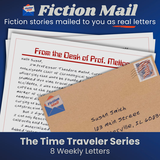 Image of a letter and envelope in our custom handwriting font from the Time Traveler series of Fiction Mail stories as letters.
