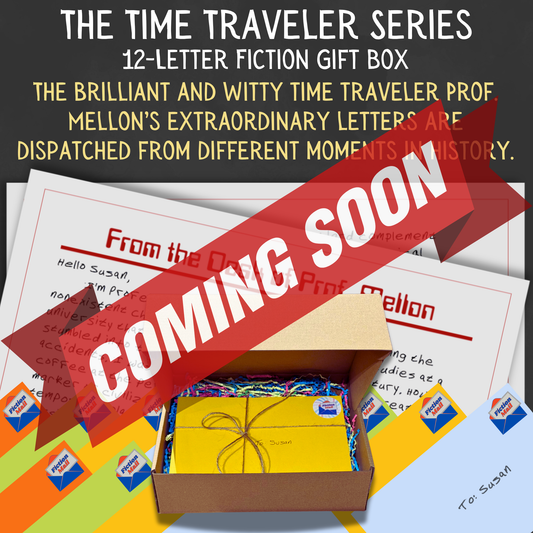 Time Traveler historical fiction gift box with 12 personalized letters tied with twine in colorful envelopes