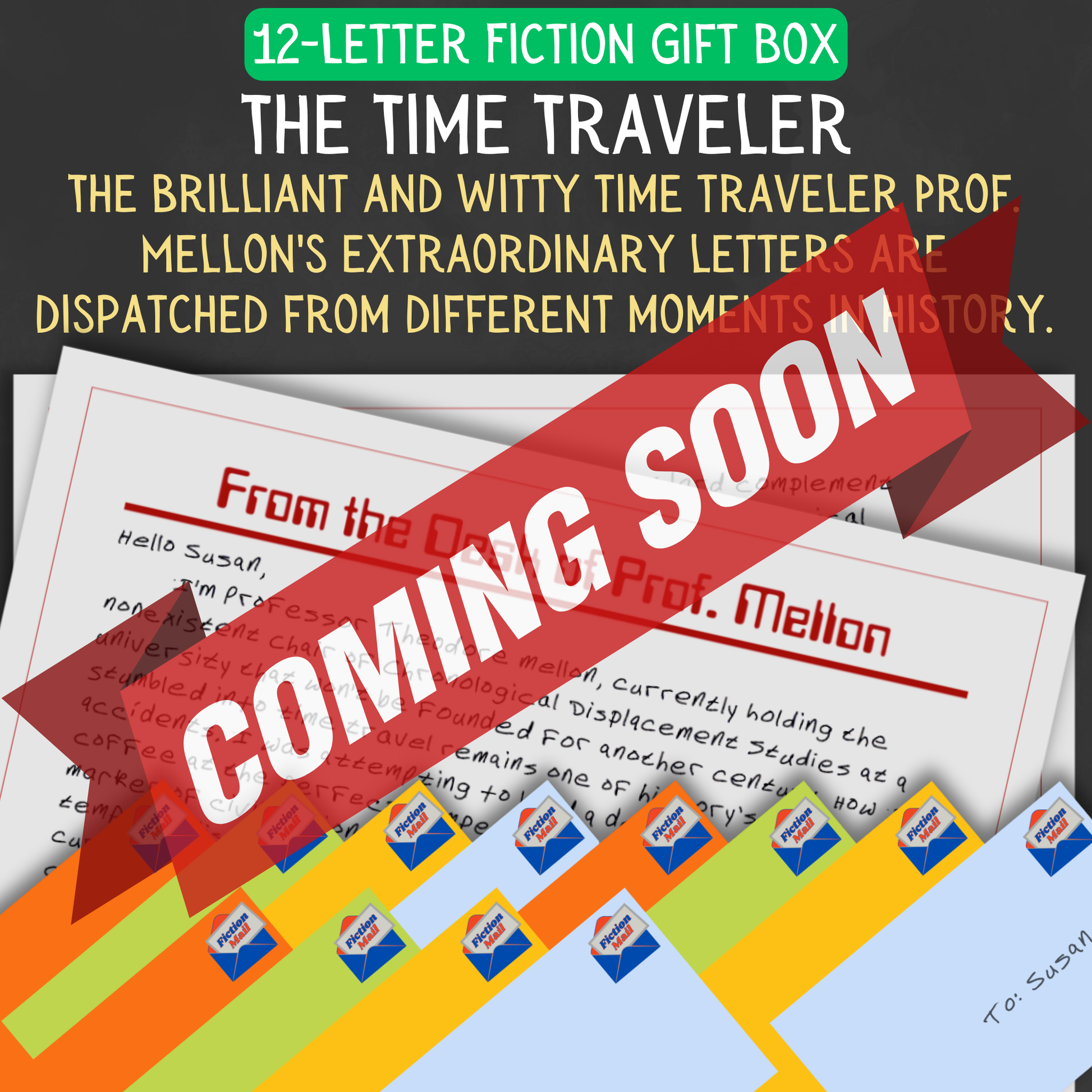 Historical fiction gift box with 12 personalized letters tied with twine in colorful envelopes